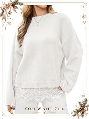 Lace Trim Sweater Long Sleeve Drop Shoulder Knit Pullover Crew Neck